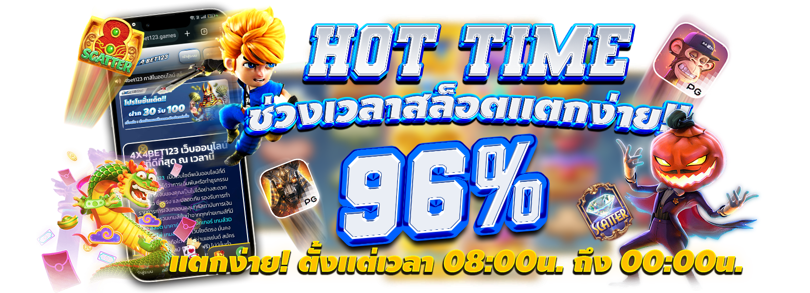 4x4bet123 Hot Time ช่วงเวลาเกมสล็อตแตก มีโอกาสชนะถึง96%
